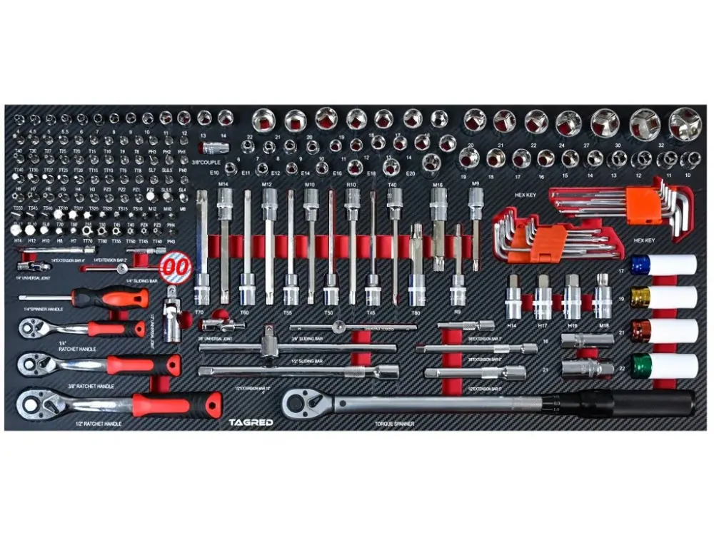 Dílenský vozík s nářadím, 12 zásuvek, 541 ks nářadí, dřevěná deska